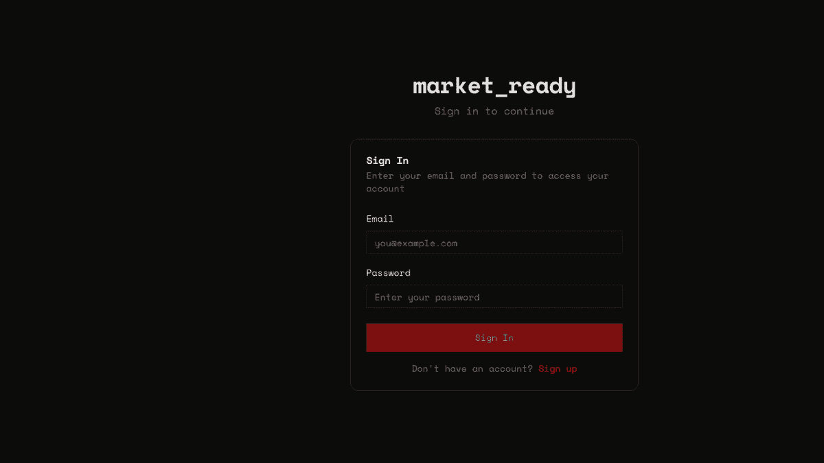market_ready login — noir dark theme